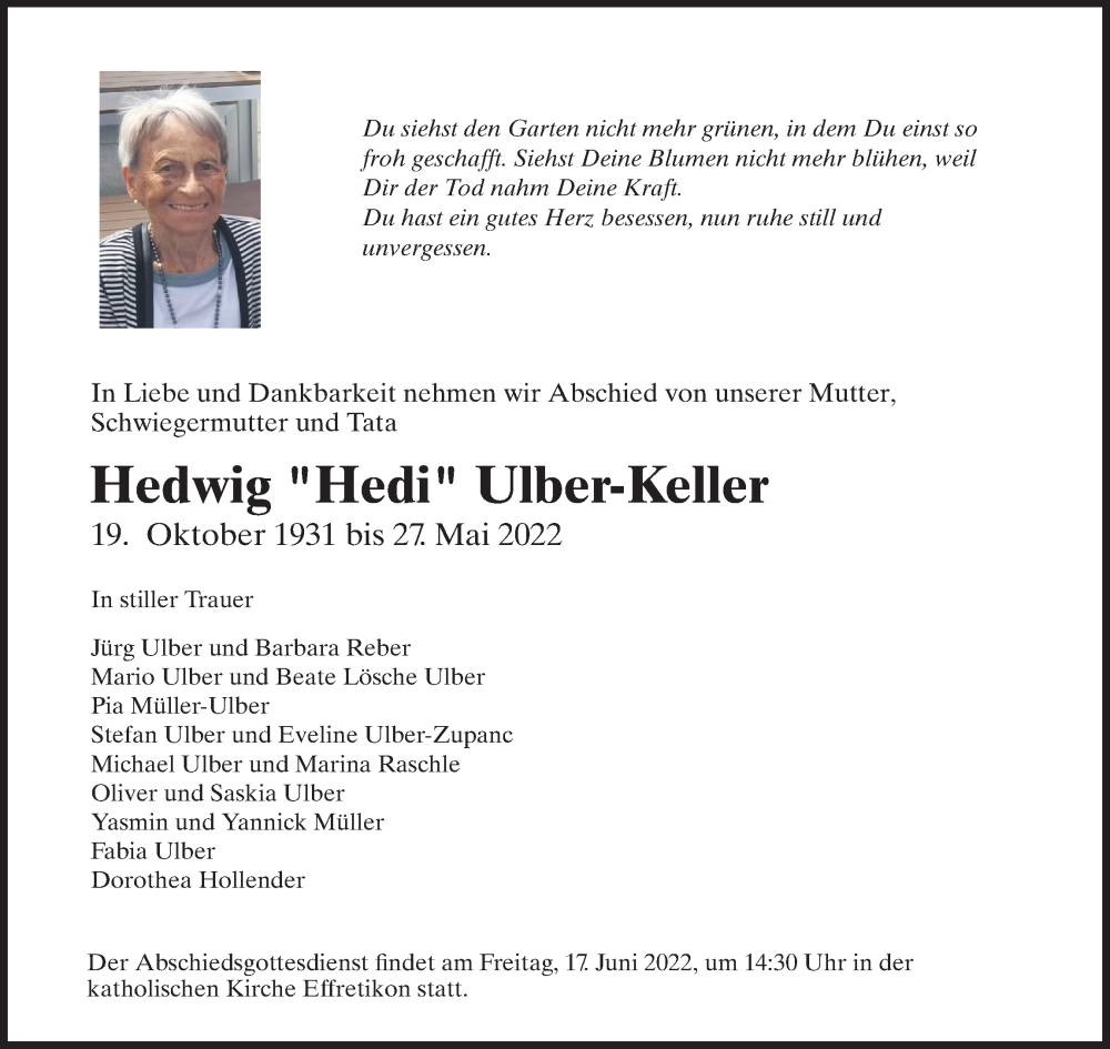  Traueranzeige für Hedwig Ulber-Keller vom 02.06.2022 aus reg_5