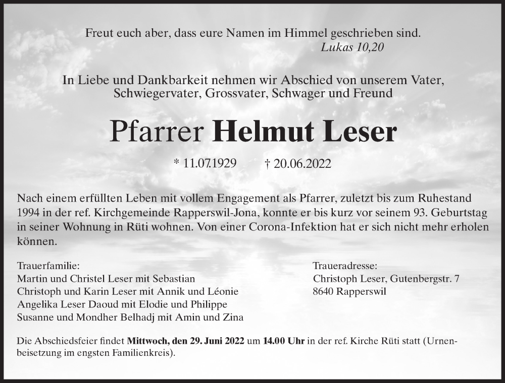  Traueranzeige für Helmut Leser vom 24.06.2022 aus AvU
