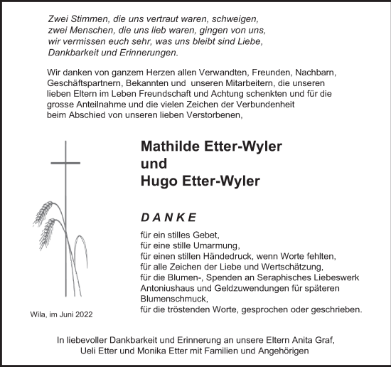 Traueranzeige von Hugo Etter-Wyler von AvU
