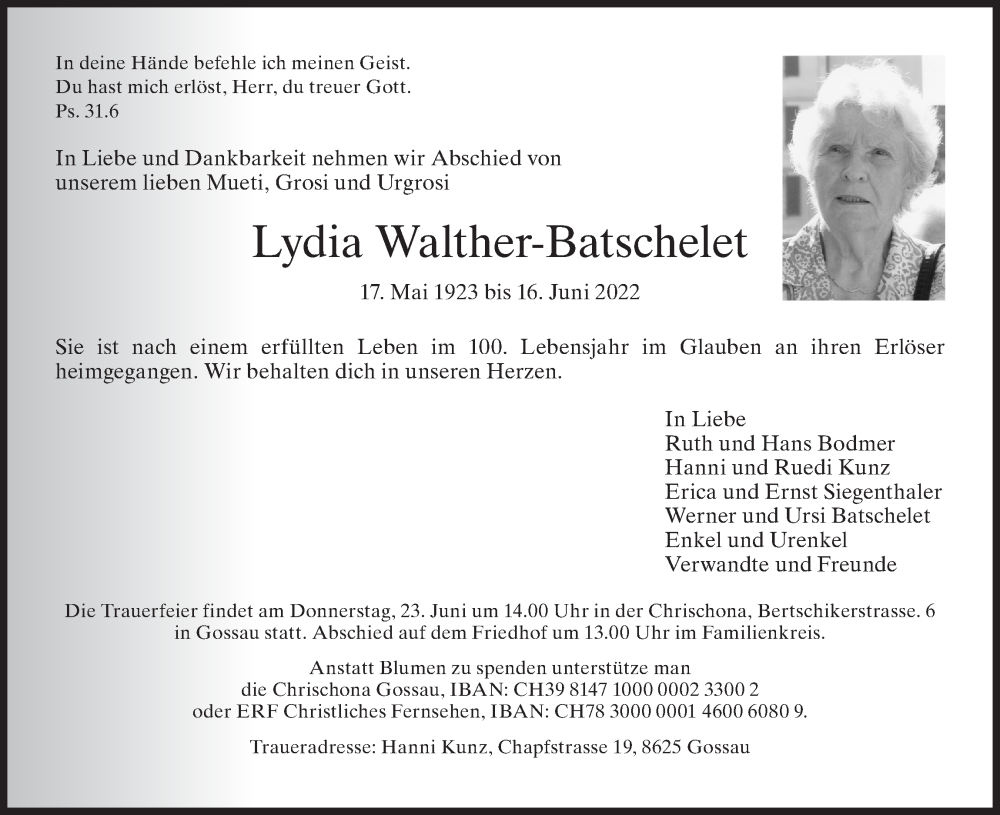  Traueranzeige für Lydia Walther-Batschelet vom 20.06.2022 aus AvU
