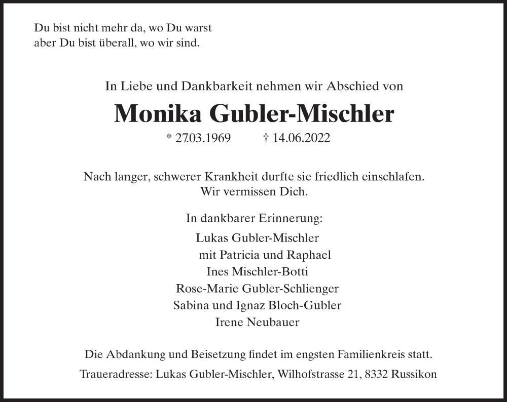  Traueranzeige für Monika Gubler-Mischler vom 16.06.2022 aus AvU