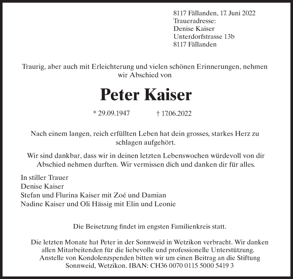  Traueranzeige für Peter Kaiser vom 24.06.2022 aus VO solo