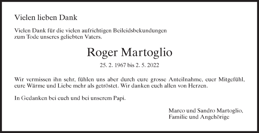  Traueranzeige für Roger Martoglio vom 08.06.2022 aus AvU