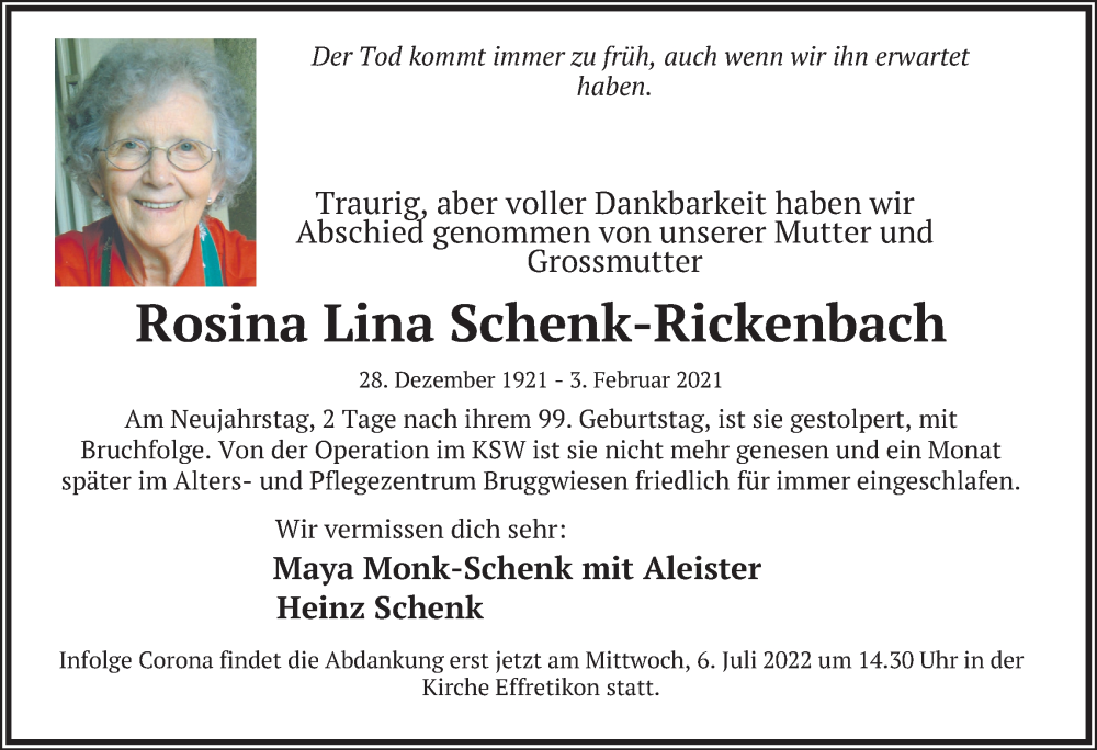  Traueranzeige für Rosina Lina Schenk-Rickenbach vom 30.06.2022 aus reg_5