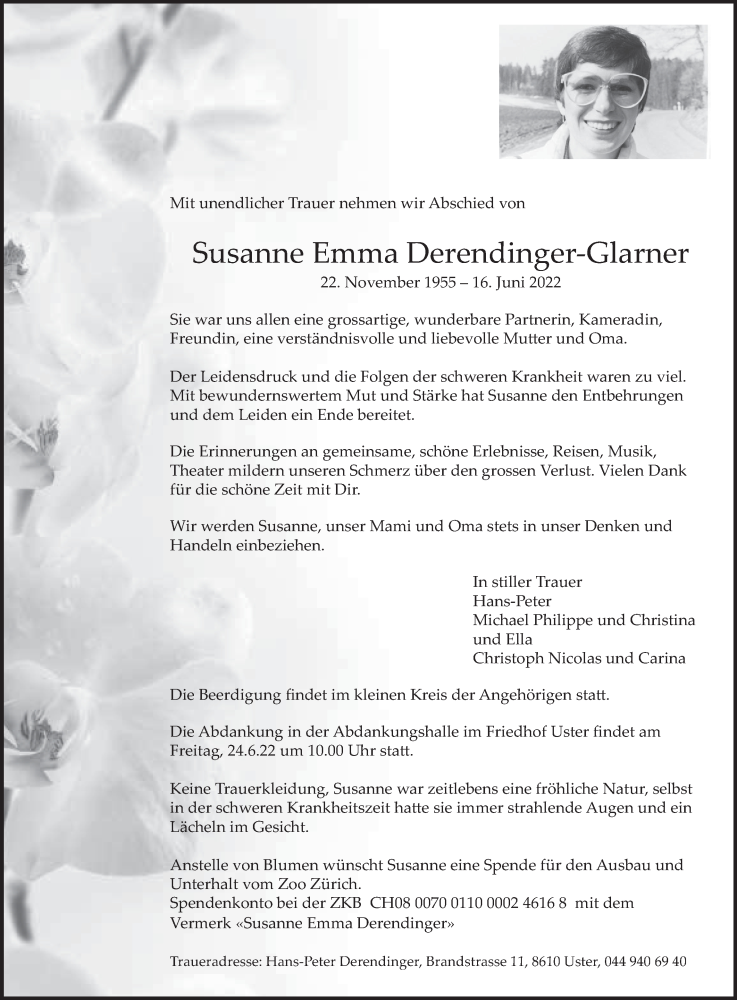  Traueranzeige für Susanne Emma Derendinger-Glarner vom 22.06.2022 aus AvU