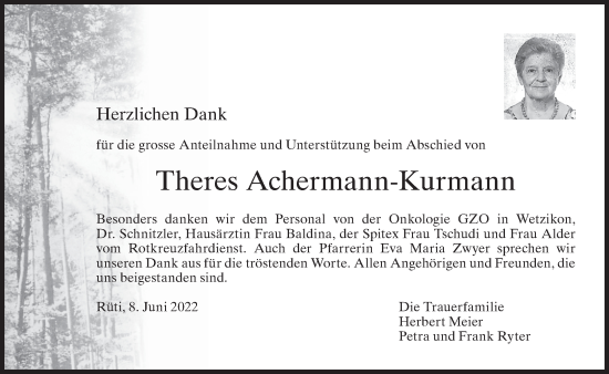 Traueranzeige von Theres Achermann-Kurmann von AvU