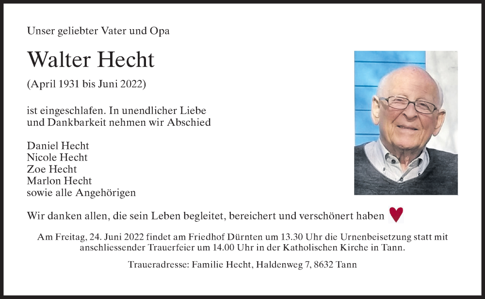  Traueranzeige für Walter Hecht vom 18.06.2022 aus AvU
