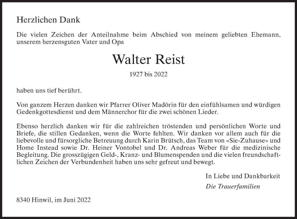  Traueranzeige für Walter Reist vom 23.06.2022 aus ZO solo
