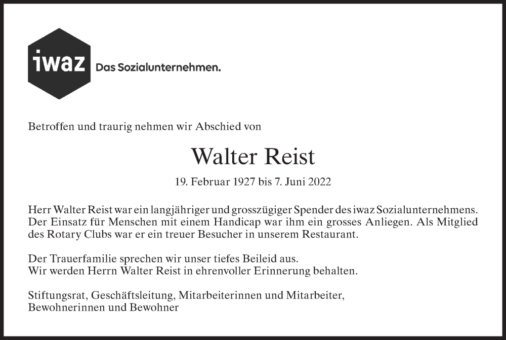 Traueranzeige für Walter Reist vom 18.06.2022 aus AvU
