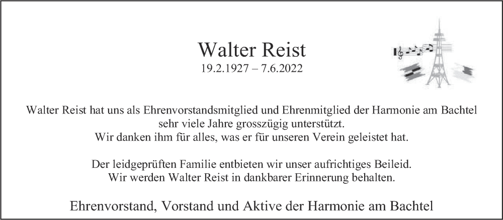  Traueranzeige für Walter Reist vom 16.06.2022 aus AvU