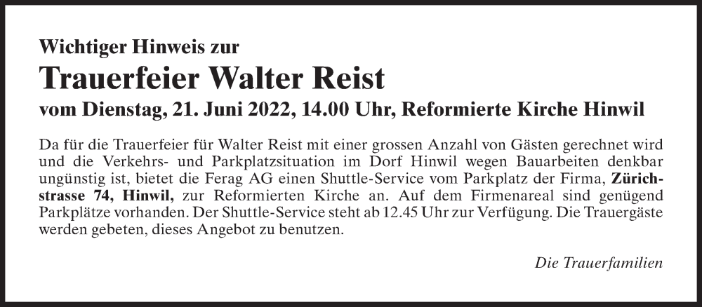  Traueranzeige für Walter Reist vom 15.06.2022 aus AvU