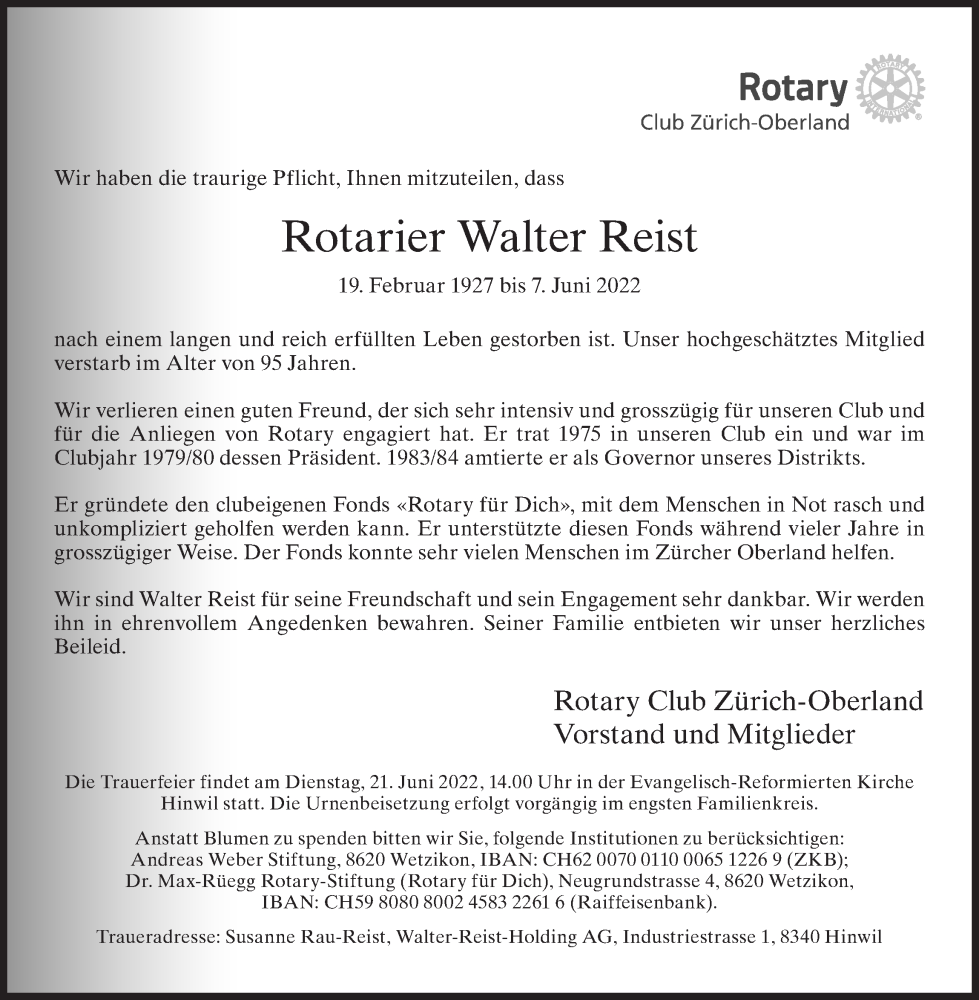  Traueranzeige für Walter Reist vom 11.06.2022 aus AvU
