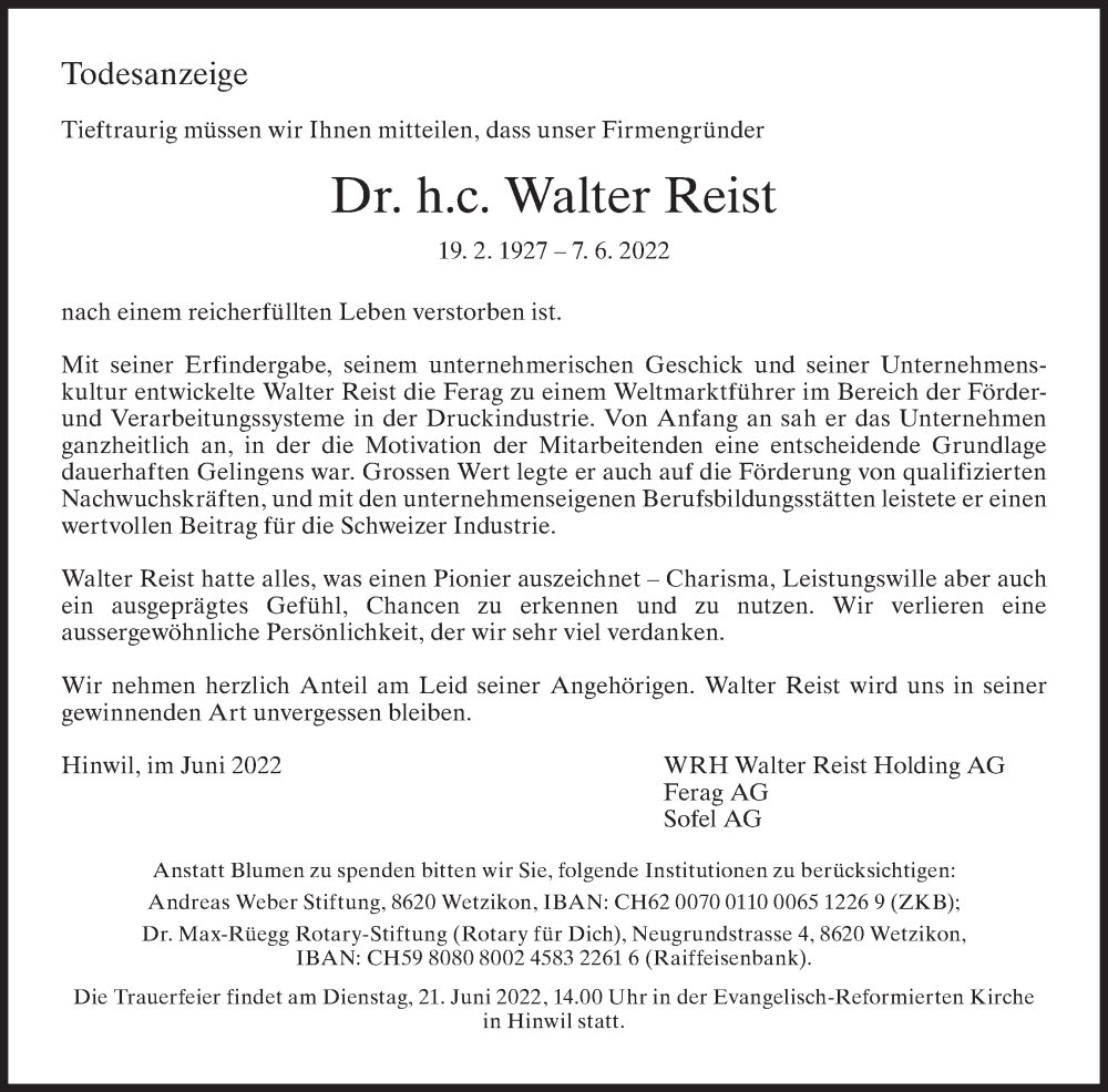  Traueranzeige für Walter Reist vom 11.06.2022 aus AvU