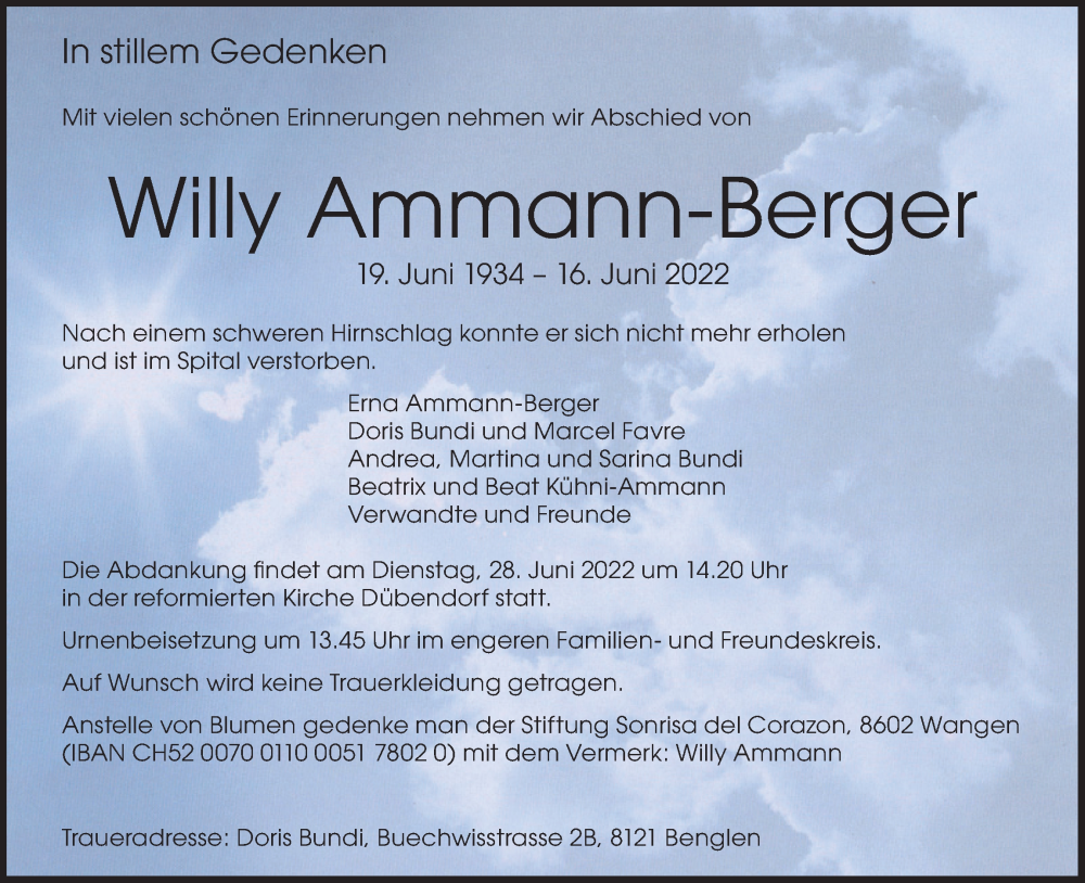  Traueranzeige für Willy Ammann-Berger vom 24.06.2022 aus VO solo