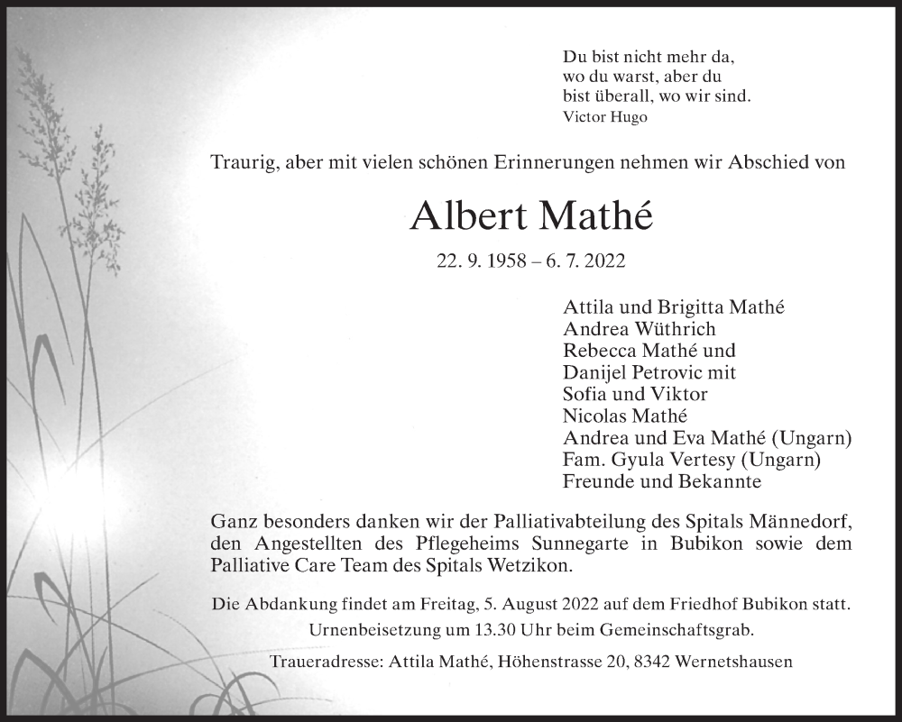  Traueranzeige für Albert Mathe vom 20.07.2022 aus AvU