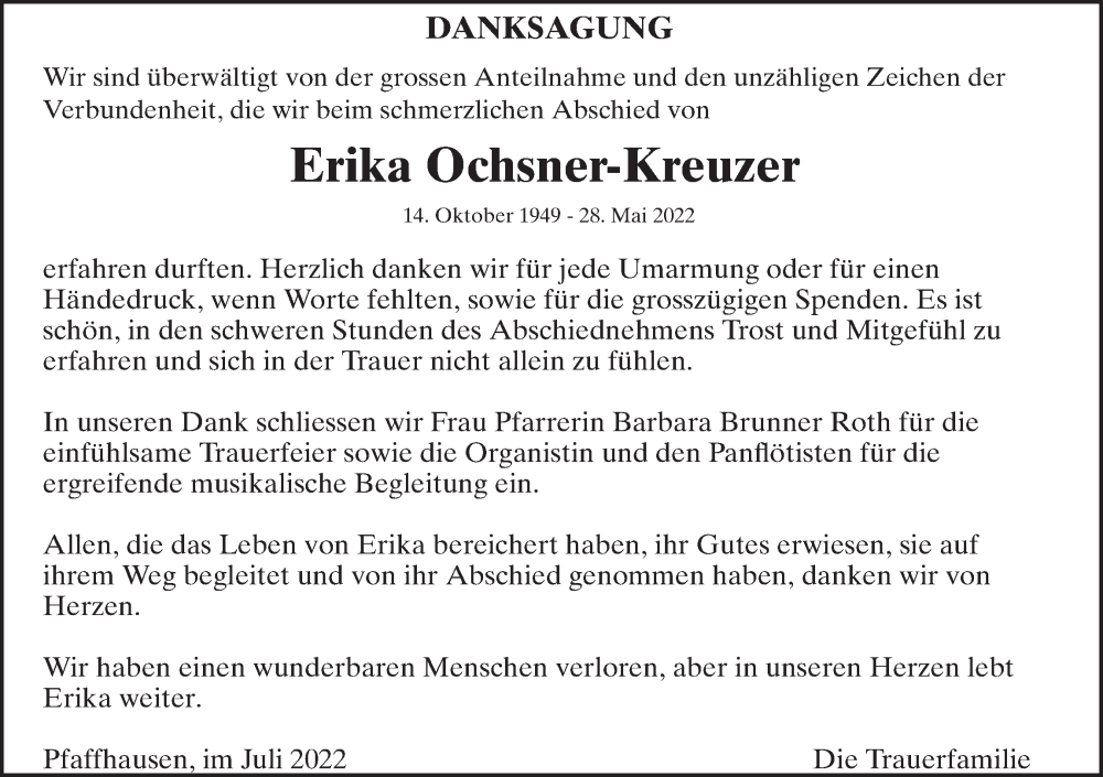  Traueranzeige für Erika Ochsner-Kreuzer vom 08.07.2022 aus VO solo