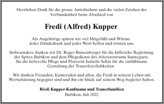 Traueranzeige von Fredi Kupper von AvU