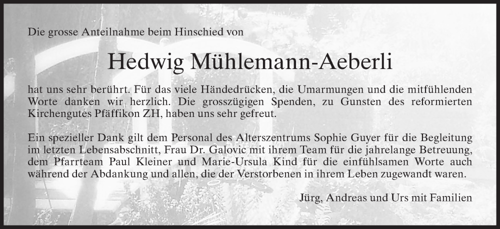  Traueranzeige für Hedwig Mühlemann-Aeberli vom 13.07.2022 aus AvU