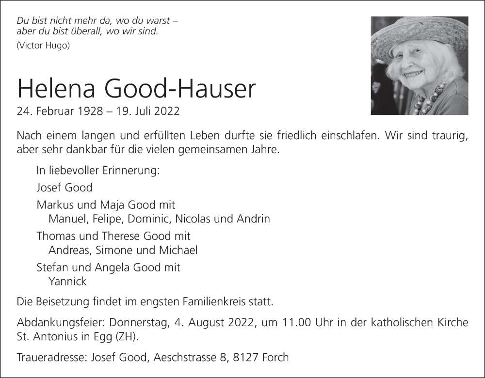  Traueranzeige für Helena Good-Hauser vom 27.07.2022 aus AvU