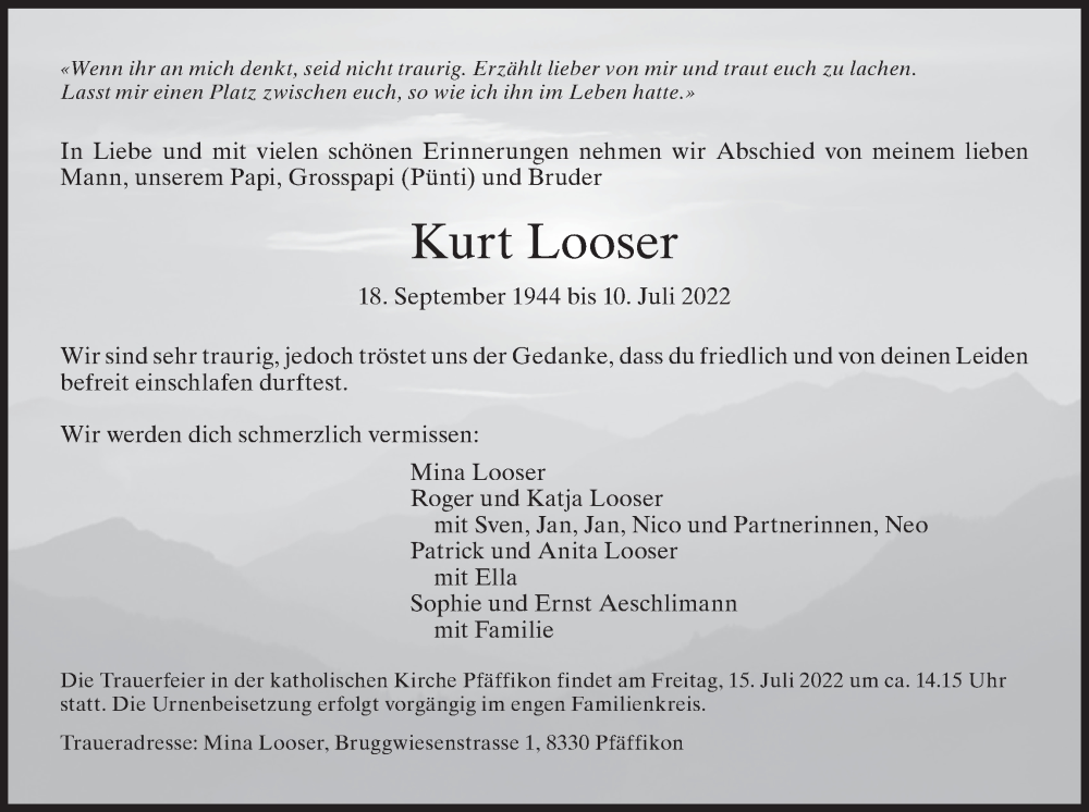  Traueranzeige für Kurt Looser vom 13.07.2022 aus AvU
