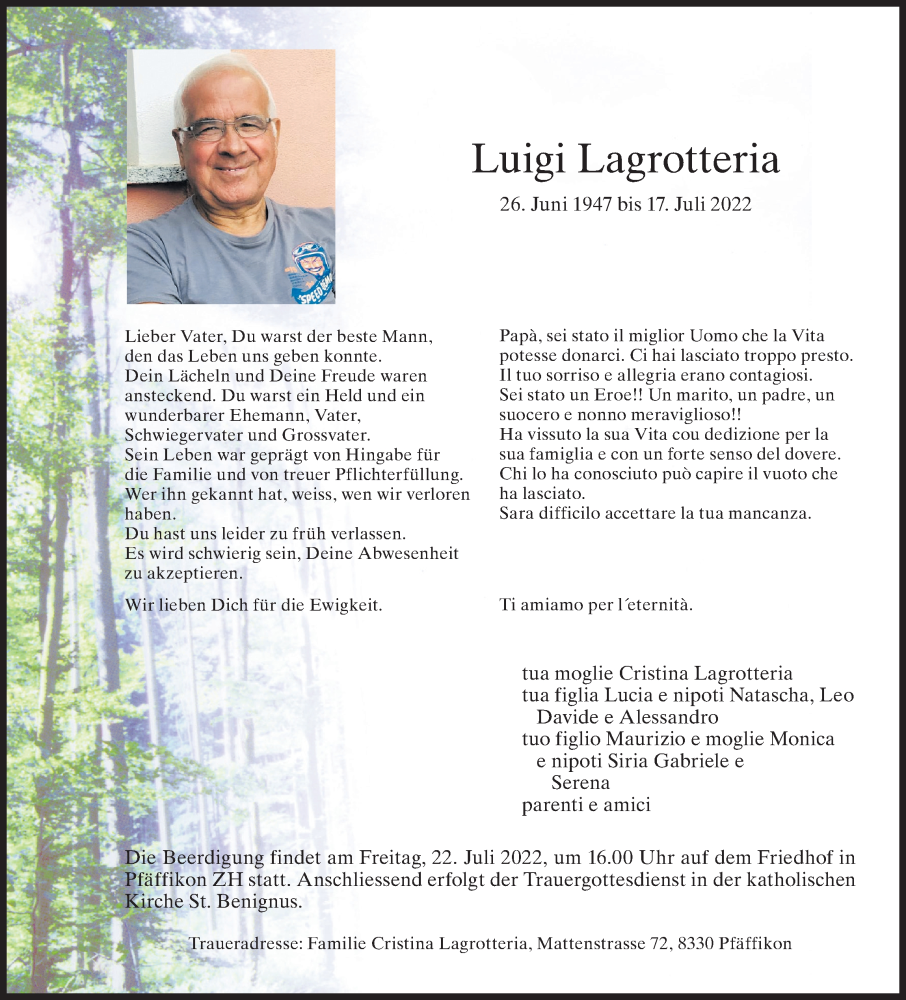  Traueranzeige für Luigi Lagrotteria vom 20.07.2022 aus AvU