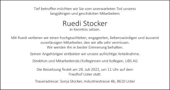 Traueranzeige von Ruedi Stocker von AvU