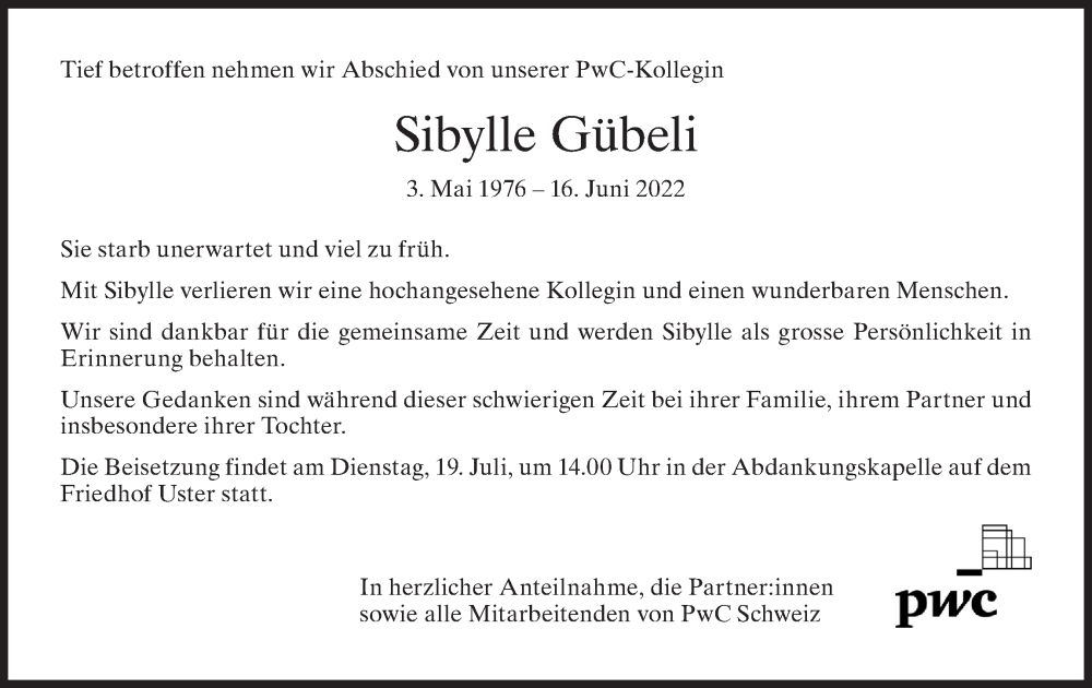  Traueranzeige für Sibylle Gübeli vom 16.07.2022 aus AvU