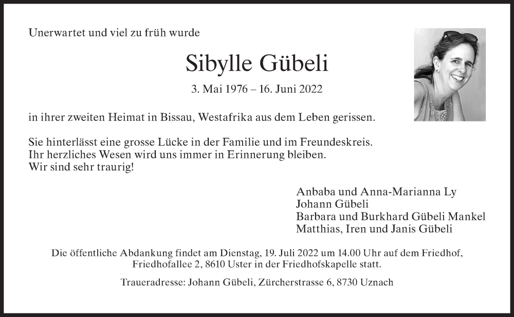  Traueranzeige für Sibylle Gübeli vom 16.07.2022 aus AvU