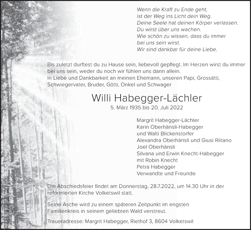  Traueranzeige für Willi Habegger-Lächler vom 27.07.2022 aus AvU
