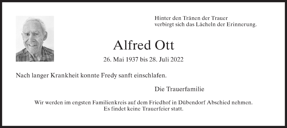  Traueranzeige für Alfred Ott vom 05.08.2022 aus VO solo