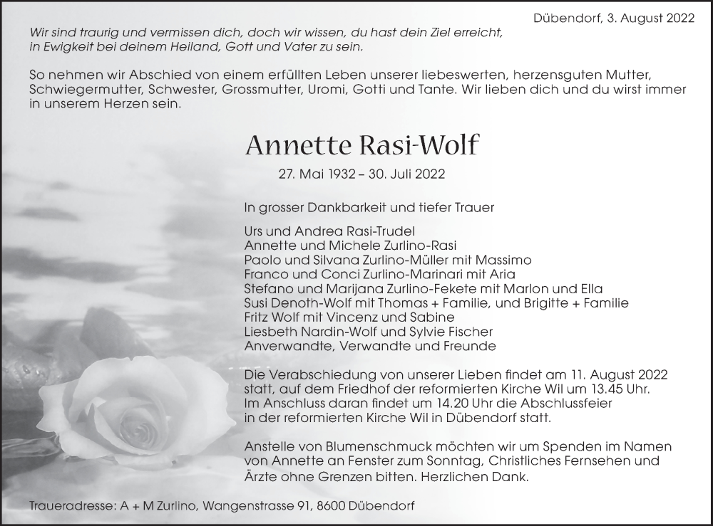  Traueranzeige für Annette Rasi-Wolf vom 05.08.2022 aus VO solo