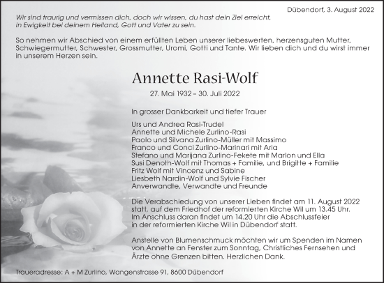 Traueranzeige von Annette Rasi-Wolf von VO solo
