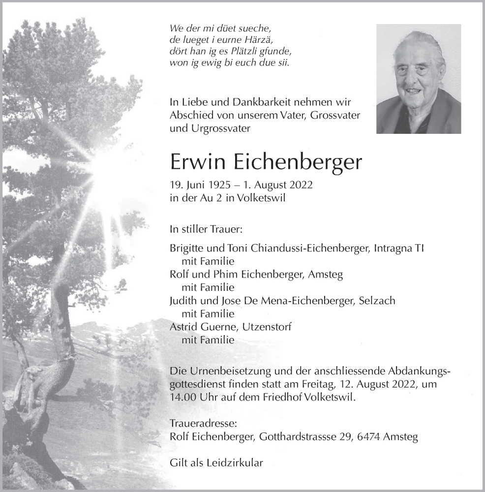  Traueranzeige für Erwin Eichenberger vom 06.08.2022 aus AvU