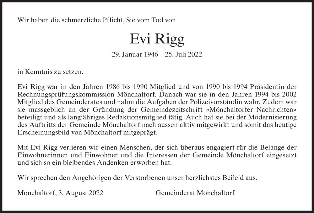  Traueranzeige für Evi Rigg vom 03.08.2022 aus AvU