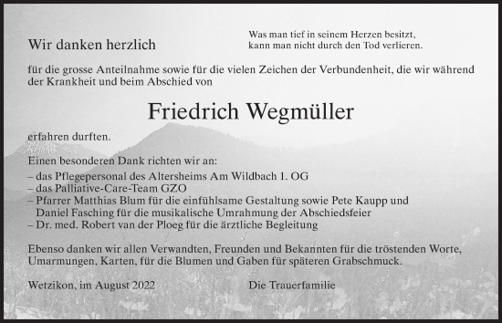 Traueranzeige von Friedrich Wegmüller von ZO solo