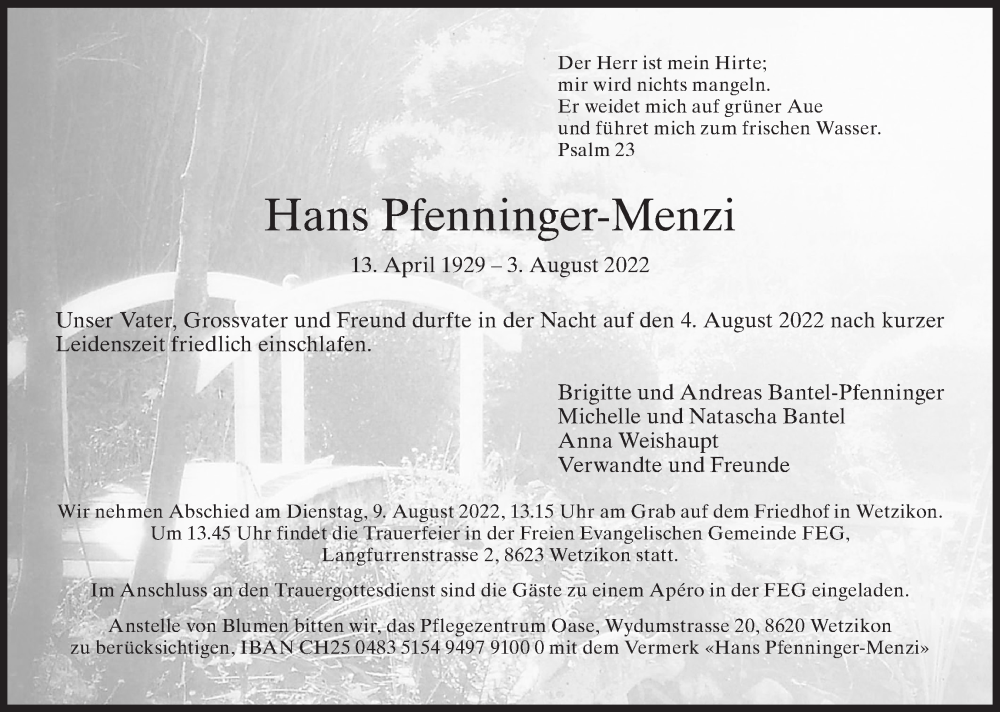  Traueranzeige für Hans Pfenninger-Menzi vom 06.08.2022 aus AvU