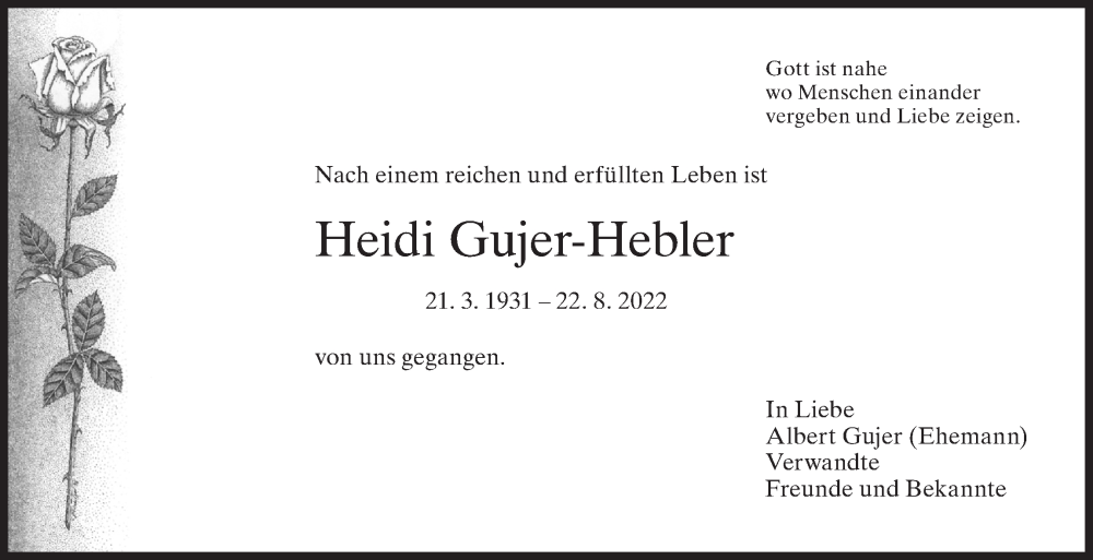  Traueranzeige für Heidi Gujer-Hebler vom 31.08.2022 aus AvU