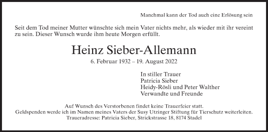 Traueranzeige von Heinz Sieber-Allemann von VO solo