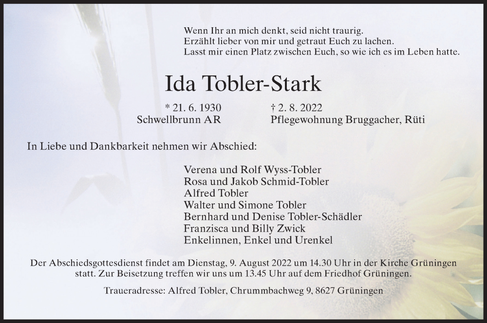  Traueranzeige für Ida Tobler-Stark vom 06.08.2022 aus AvU