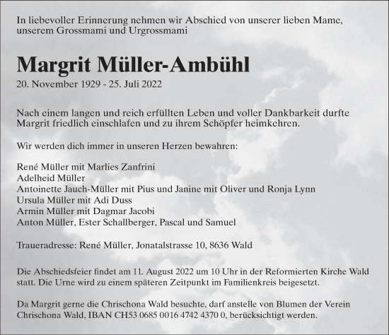 Traueranzeige von Margrit Müller-Ambühl von AvU