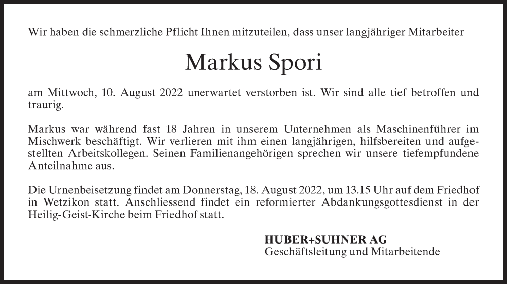  Traueranzeige für Markus Spori vom 17.08.2022 aus AvU