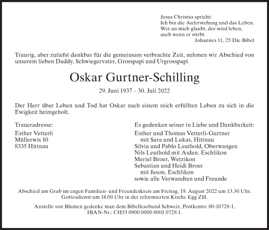 Traueranzeige von Oskar Gurtner-Schilling von AvU