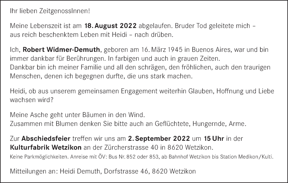  Traueranzeige für Robert Widmer-Demuth vom 31.08.2022 aus AvU