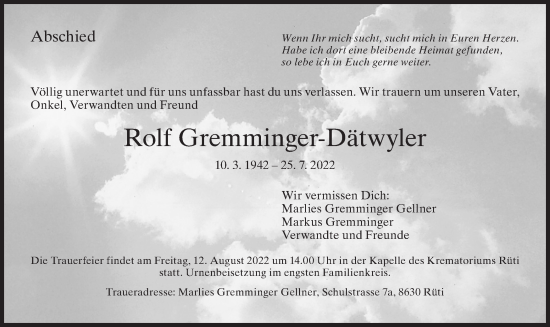 Traueranzeige von Rolf Gremminger-Dätwyler von AvU