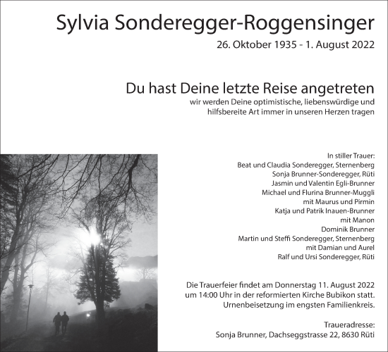 Traueranzeige von Sylvia Sonderegger-Roggensinger von AvU