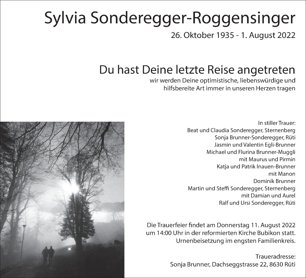  Traueranzeige für Sylvia Sonderegger-Roggensinger vom 05.08.2022 aus AvU