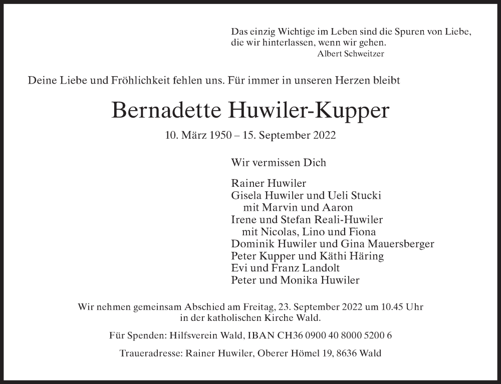 Traueranzeige für Bernadette Huwiler-Kupper vom 21.09.2022 aus AvU