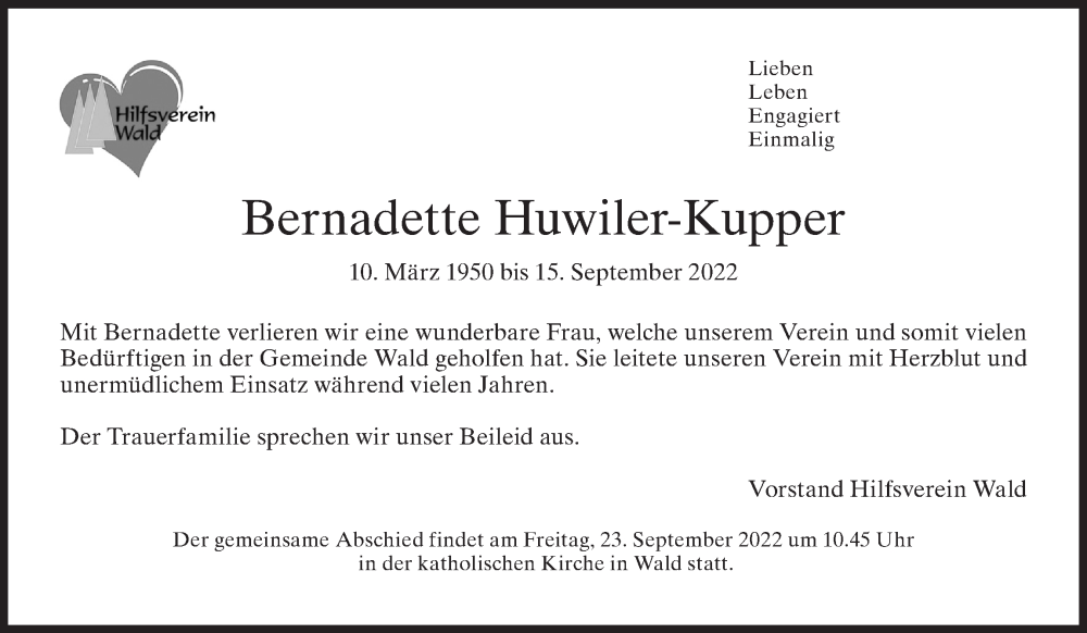  Traueranzeige für Bernadette Huwiler-Kupper vom 23.09.2022 aus AvU