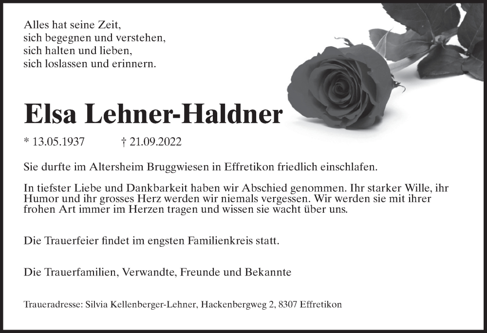  Traueranzeige für Elsa Lehner-Haldner vom 29.09.2022 aus reg_5