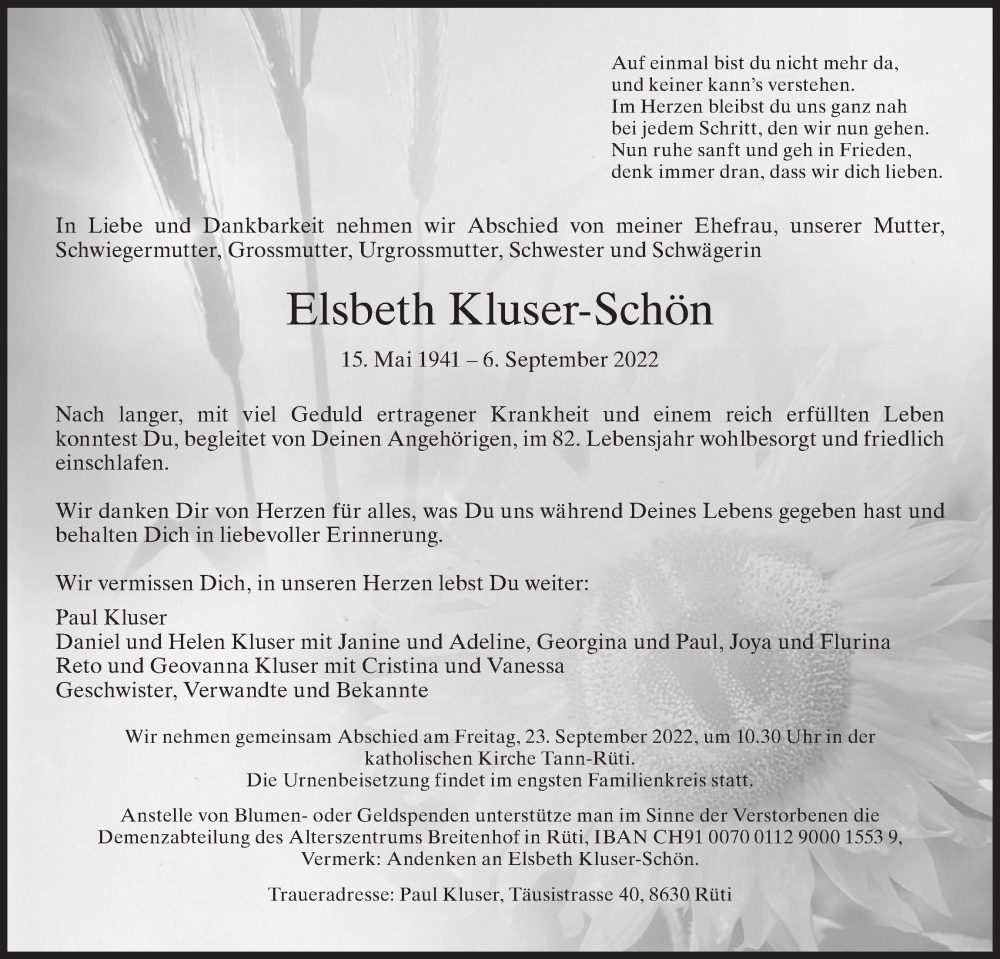 Traueranzeige für Elsbeth Kluser-Schön vom 14.09.2022 aus AvU